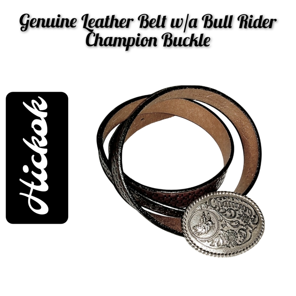 Hickok ~Genuine Leather Basket Weave Belt with a Bull Rider Champion